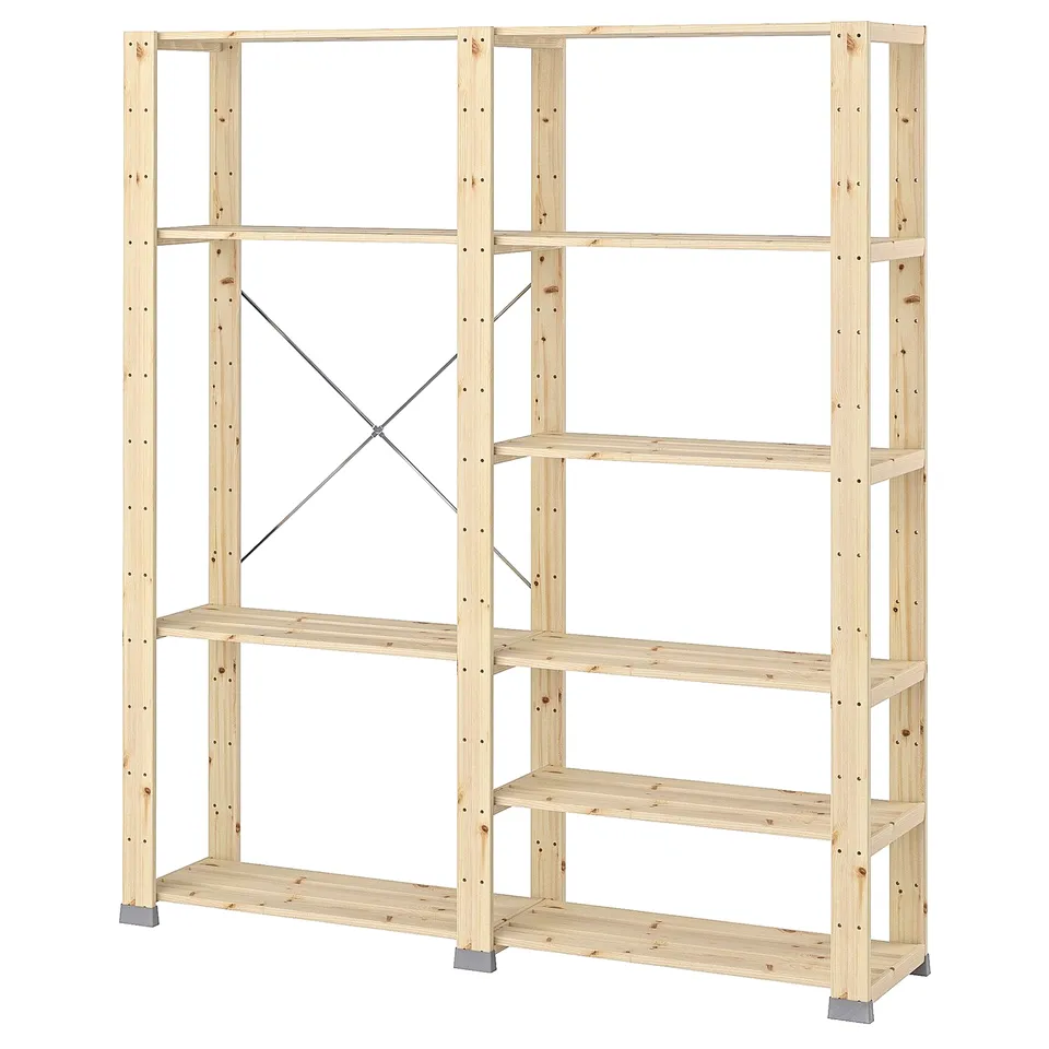 The HEJNE storage shelf, light brown, made of solid wood with metal supports. It has multiple open shelves, ideal for storage.