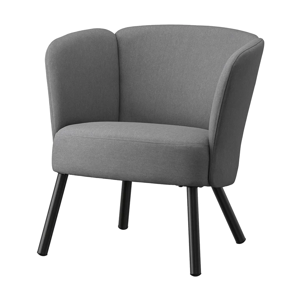 Grey HERRÅKRA armchair, fabric-covered with black metal legs, rounded shape, comfortable & stylish.
