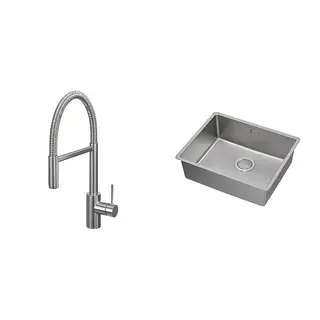 SALLSJÖN/VRESJÖN set: kitchen mixer tap pull down w spray + inset sink, 1 bowl, stainless steel colour + stainless steel, Height 480 mm