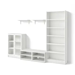 BILLY / BESTÅ TV storage combination, white clear glass/with wall shelves, Depth 40 x Width 280 x Height 202 cm