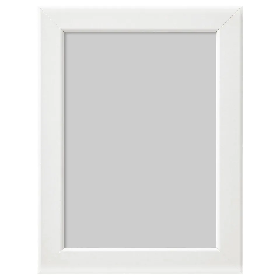 White FISKBO picture frame, rectangular with plain design. Plastic front, stands or hangs, holds 10x15cm photo.