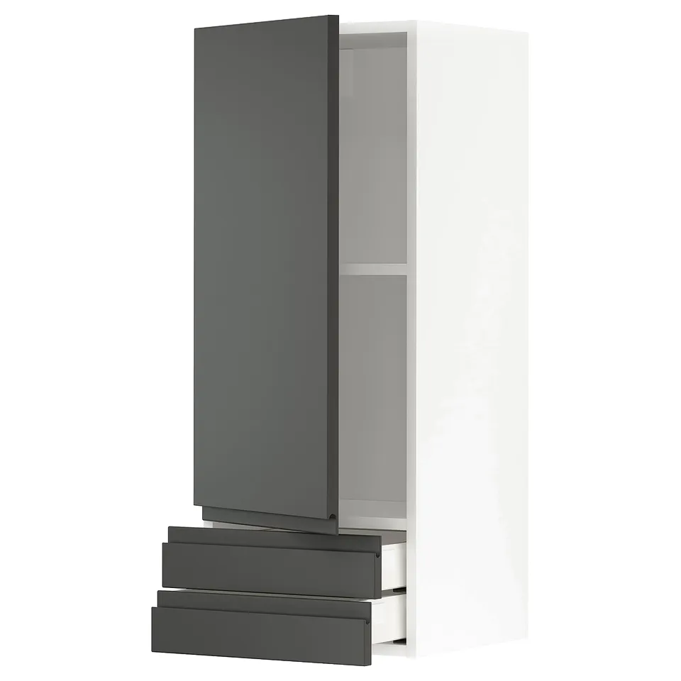 Modern kitchen cabinet, dark grey, handlesless, tall unit with shelves and drawers.