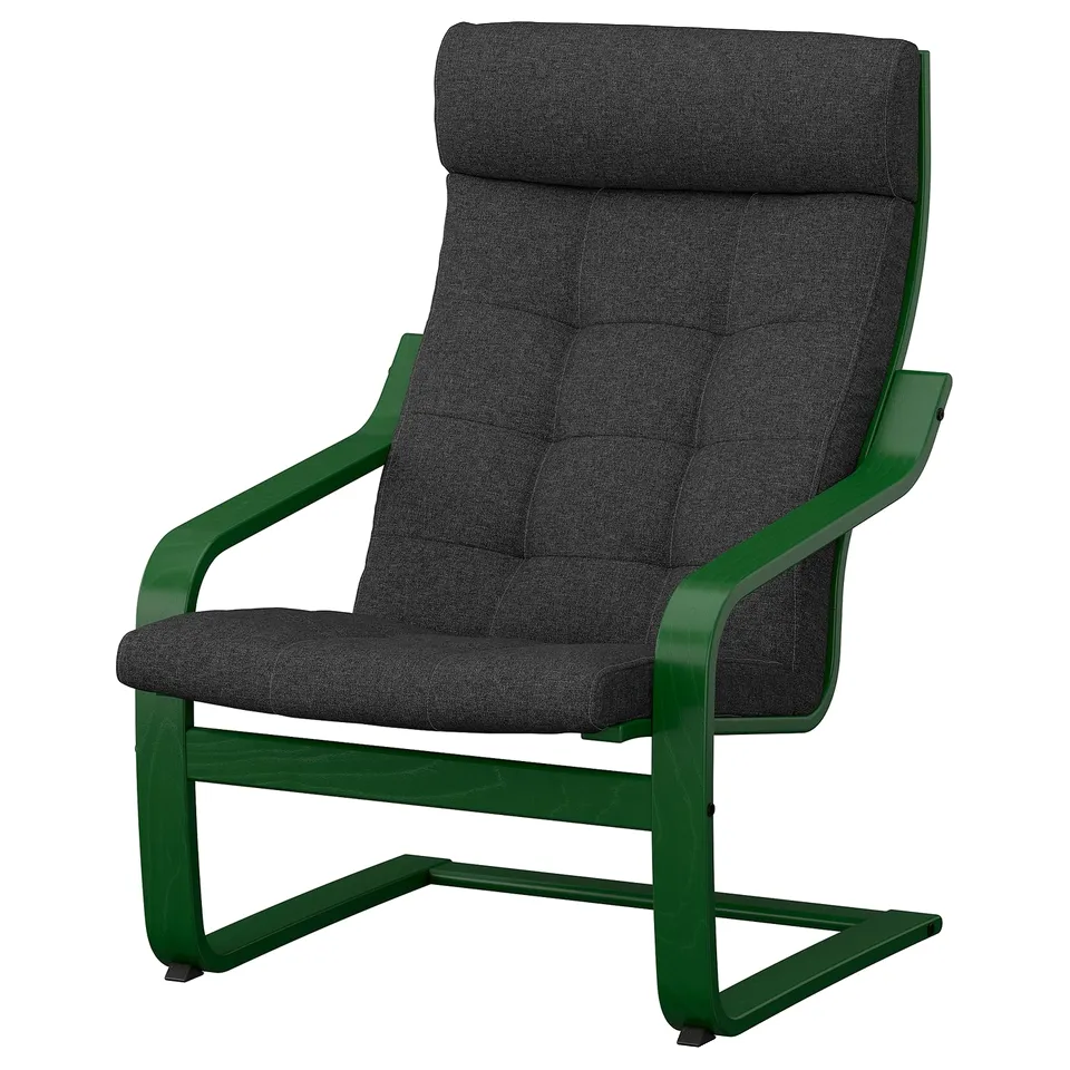 POÄNG black armchair. Dark grey cushion, green frame. Comfortable, curved design.