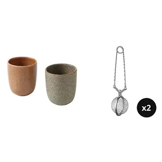 GRÅRÄV/IDEALISK set: mug + tea infuser x2, multicolour + stainless steel, 34 cl