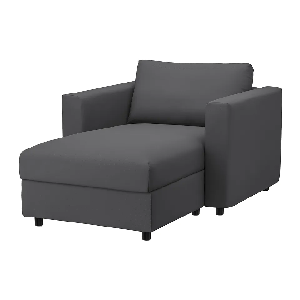 Grey VIMLE modular sofa chaise with storage, dark legs, contemporary style.