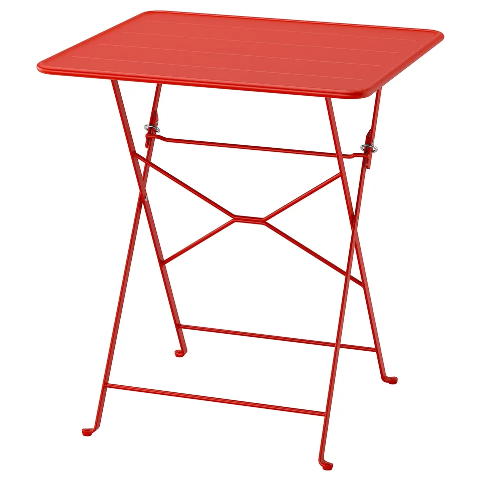 Bright red, square, foldable metal table with a simple, modern design, ideal for small spaces.