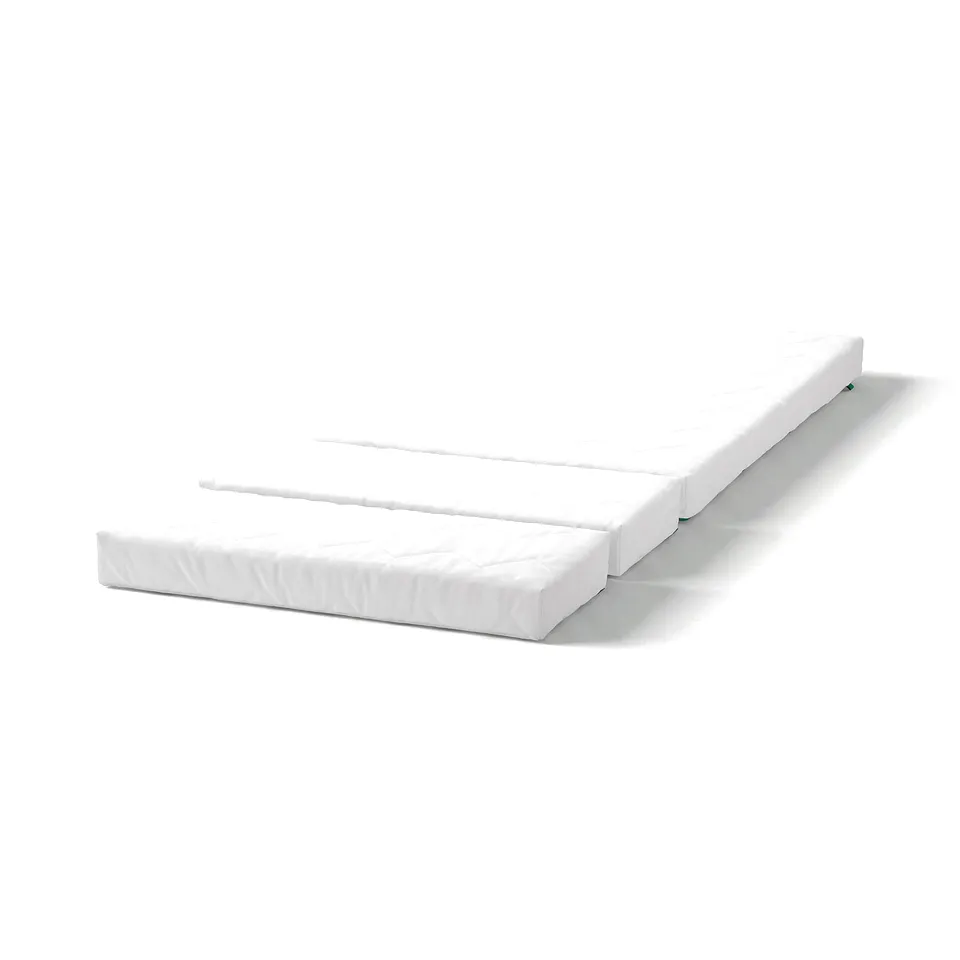 A white, foldable kids mattress named VIMSIG with egg-shaped and smooth sides. Made of polyester and polyurethane foam, it adjusts from 130 to 200 cm.