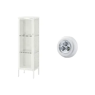 BAGGEBO/RAMSTA set: cabinet with glass doors + minilamp, battery-operated, metal/white + white, 34x30x116 cm