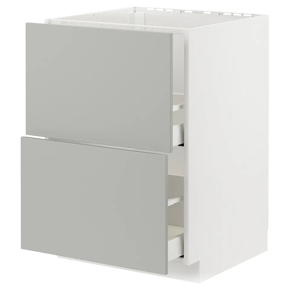 A white METOD kitchen cabinet with grey havstorp fronts, featuring a modern, clean design with two drawers and a timeless look.