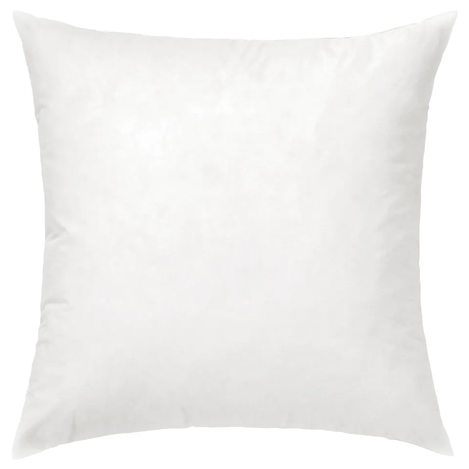 White square throw pillow with smooth fabric and down feathers inside.