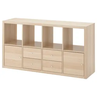KALLAX shelving unit with 4 inserts, white stained oak effect, 147x77 cm
