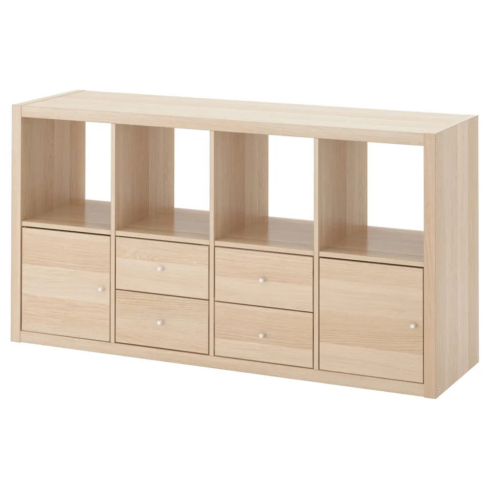 KALLAX light wooden storage unit with shelves and drawers.