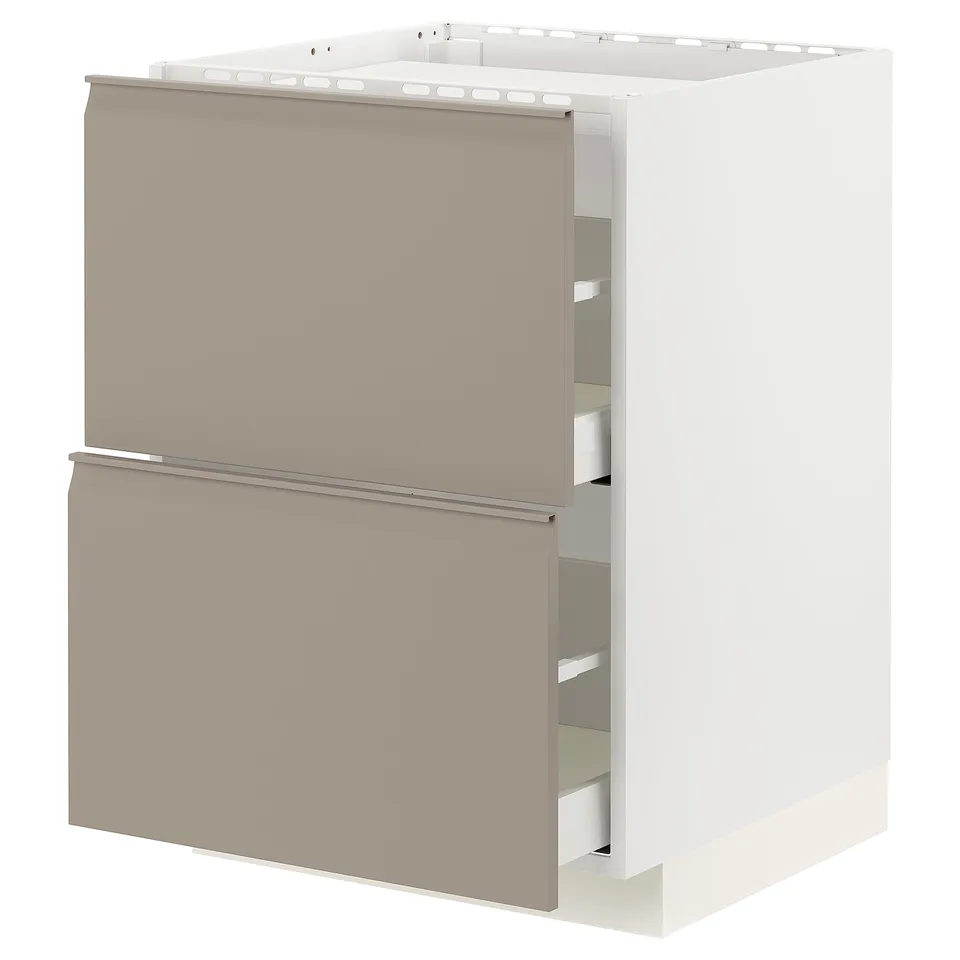 Modern kitchen cabinet in beige-gray with integrated handles and smooth drawers.