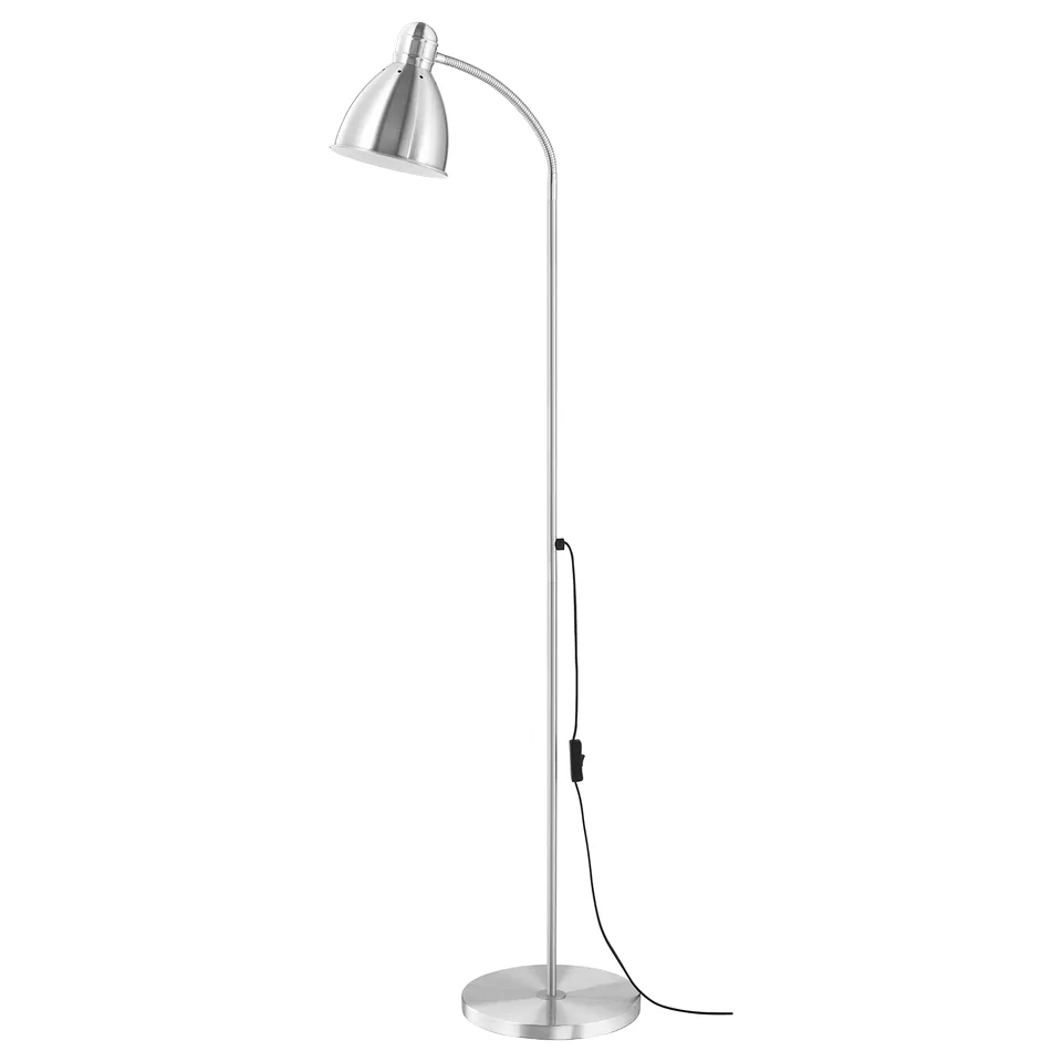 The LERSTA silver floor lamp with an adjustable aluminium neck, a round base, and a switch on the cord.