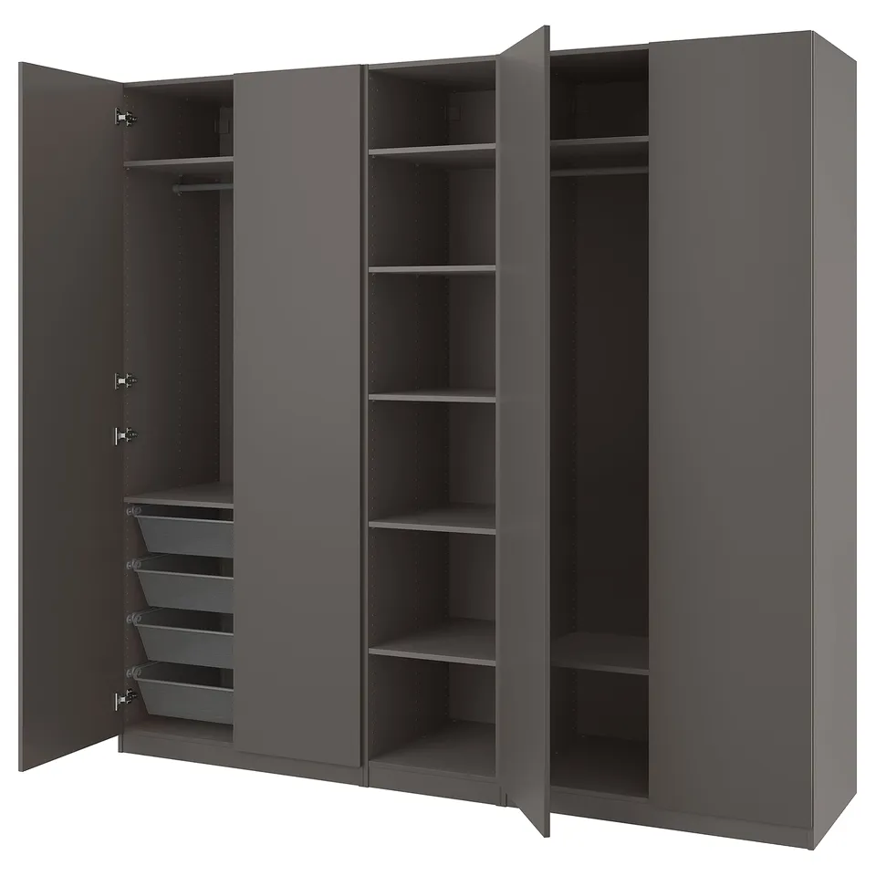 A grey PAX wardrobe with open doors revealing shelves and storage solutions.