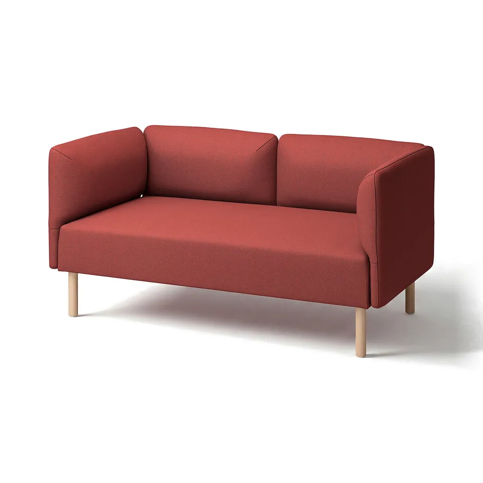 Red LILLEHEM 2-seat sofa with wooden legs, modern minimalist design.