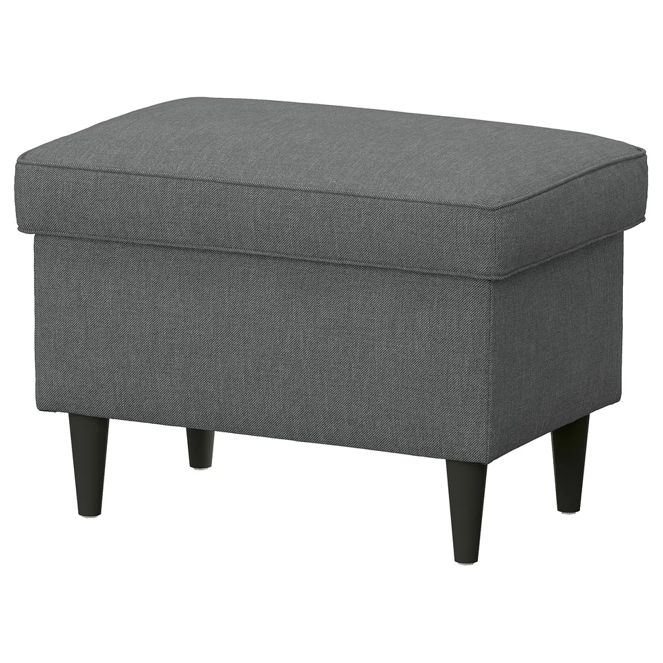 A grey STRANDMON footstool with storage, featuring a rectangular shape, upholstered in recycled polyester, and supported by dark wooden legs.