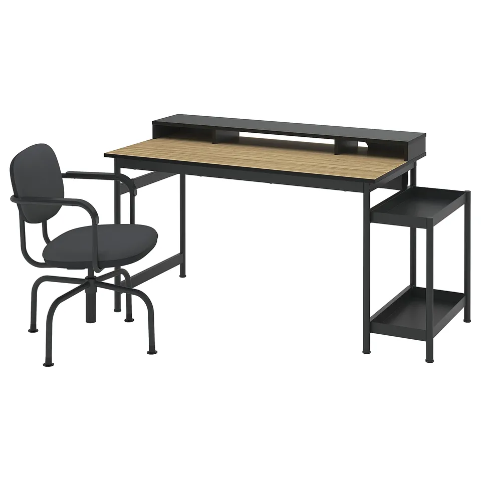 MULLSJÖ desk setup, black & wooden, modern office furniture with swivel chair.