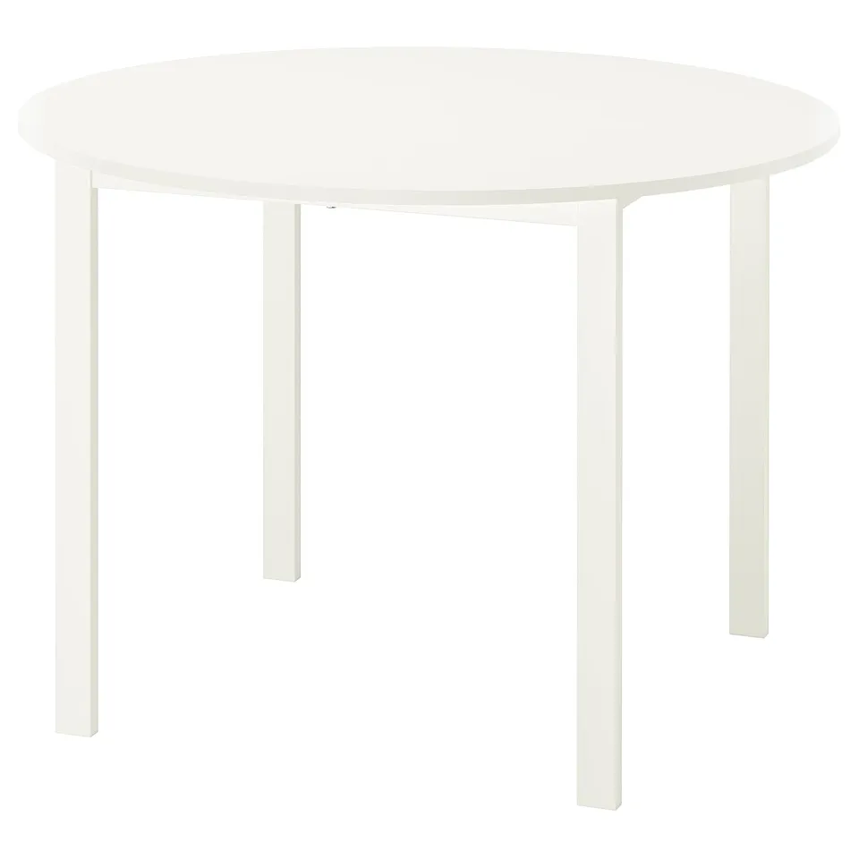 Round white VIHALS dining table, sleek design, melamine top, steel base, perfect for socialising.