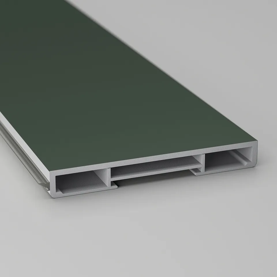Dark green kitchen plinth, sleek design, smooth finish.