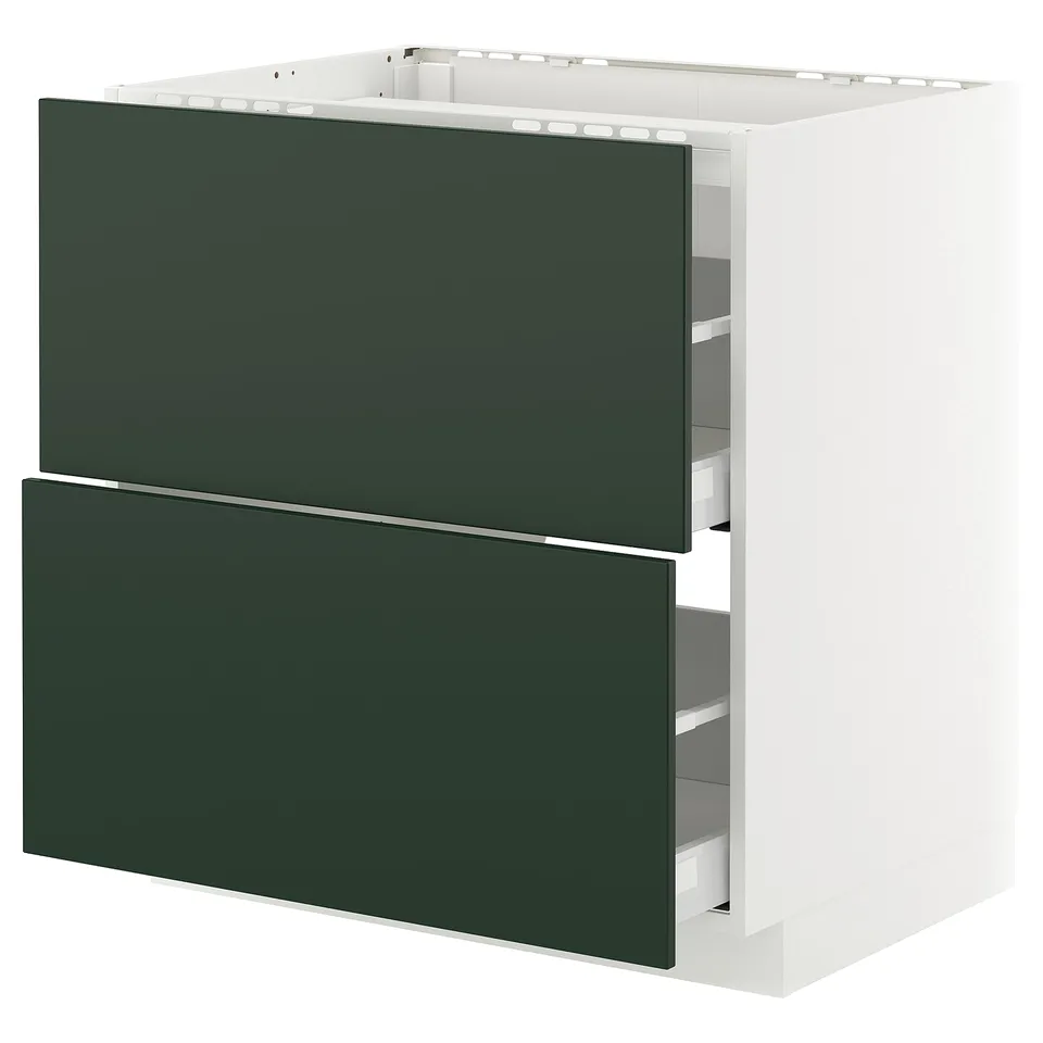 A white ikea METOD kitchen unit with dark green drawers. It has two large drawers and a cabinet top.