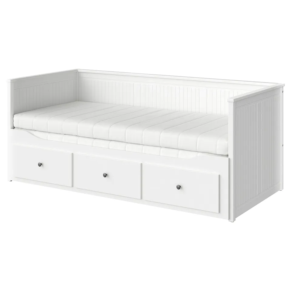 White multifunction HEMNES day-bed with foam mattress and three storage drawers, featuring a stylish wood panel design.