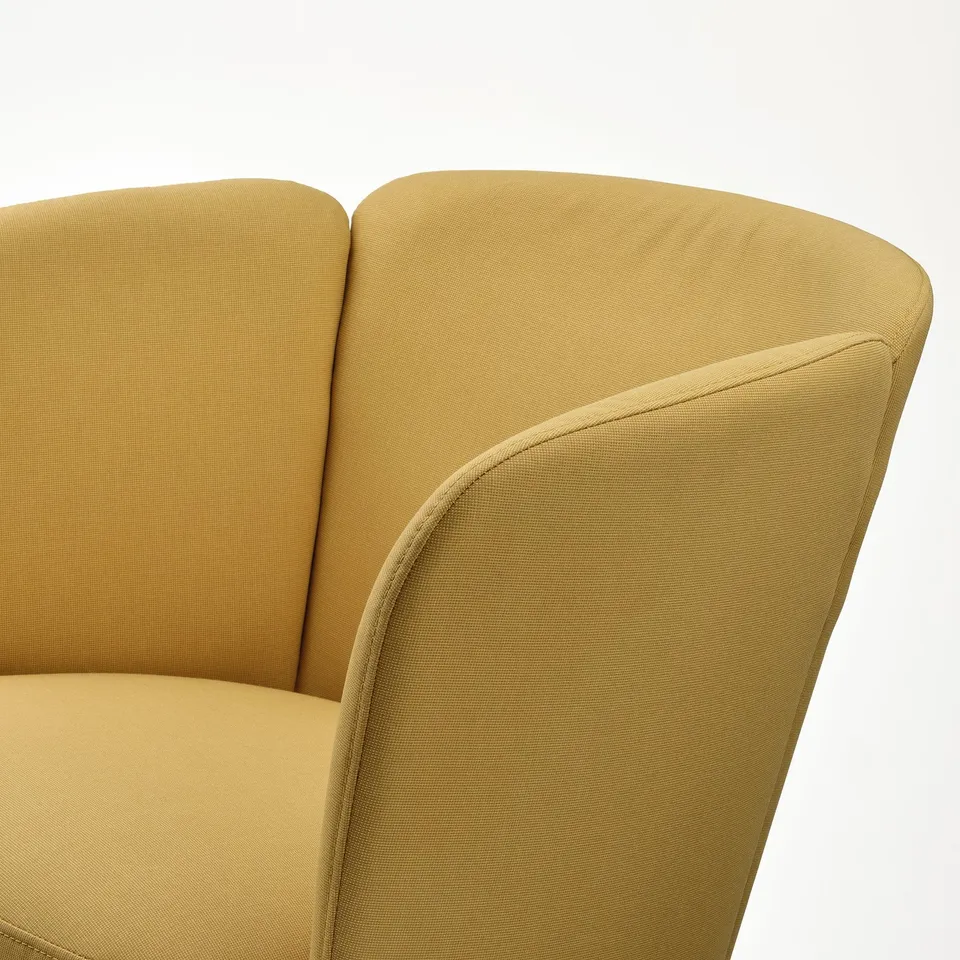 Modern mustard chair with smooth curves & sturdy build, ideal for comfort & style.