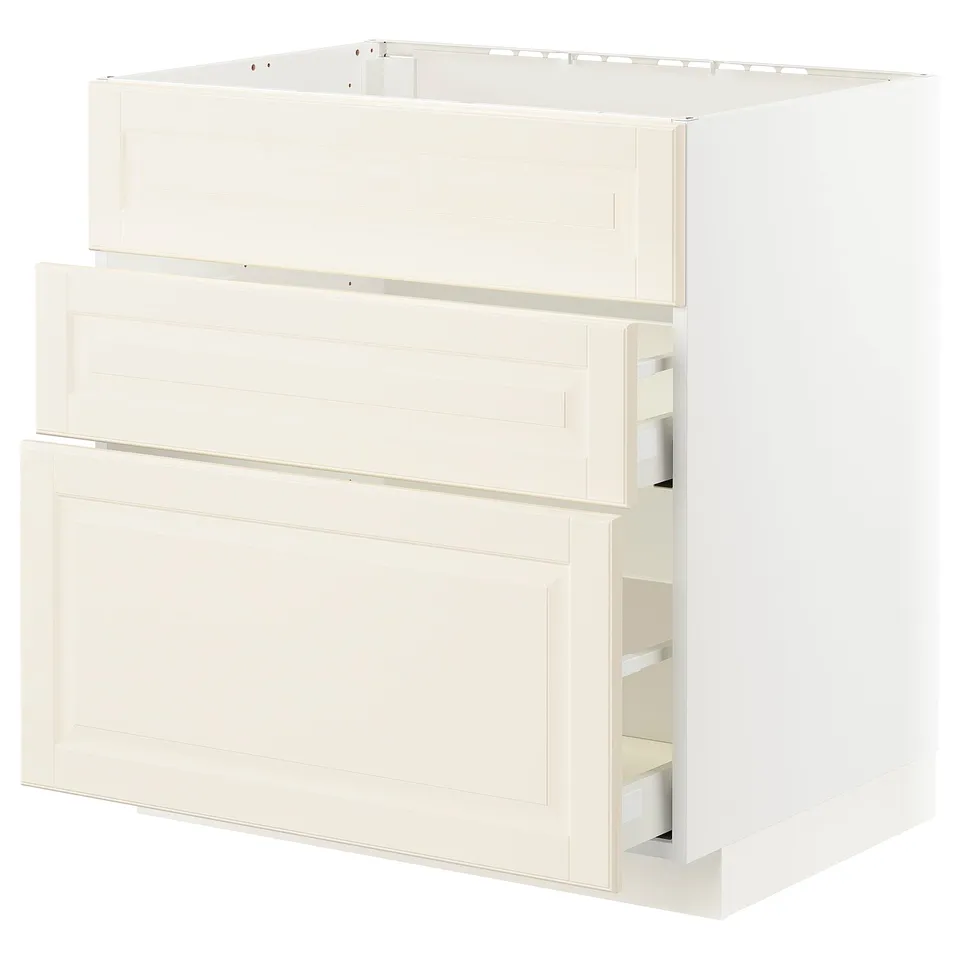 Off-white METOD kitchen cabinet with bevelled edges, three drawers.