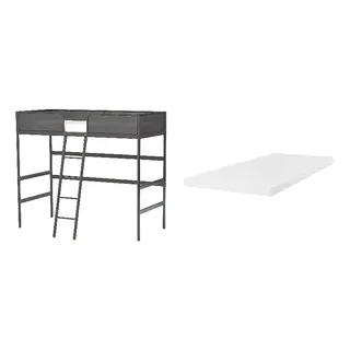 TUFFING/ÅRBERGET set: loft bed frame + natural latex mattress, dark grey + medium firm white, 90x200 cm