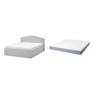 RAMNEFJÄLL/VALLBERGET Bed with 21cm thick mattress, coir, pocket sprung, super firm, Klovsta grey/white/Luröy + with coir super firm/light blue, 180x200 cm