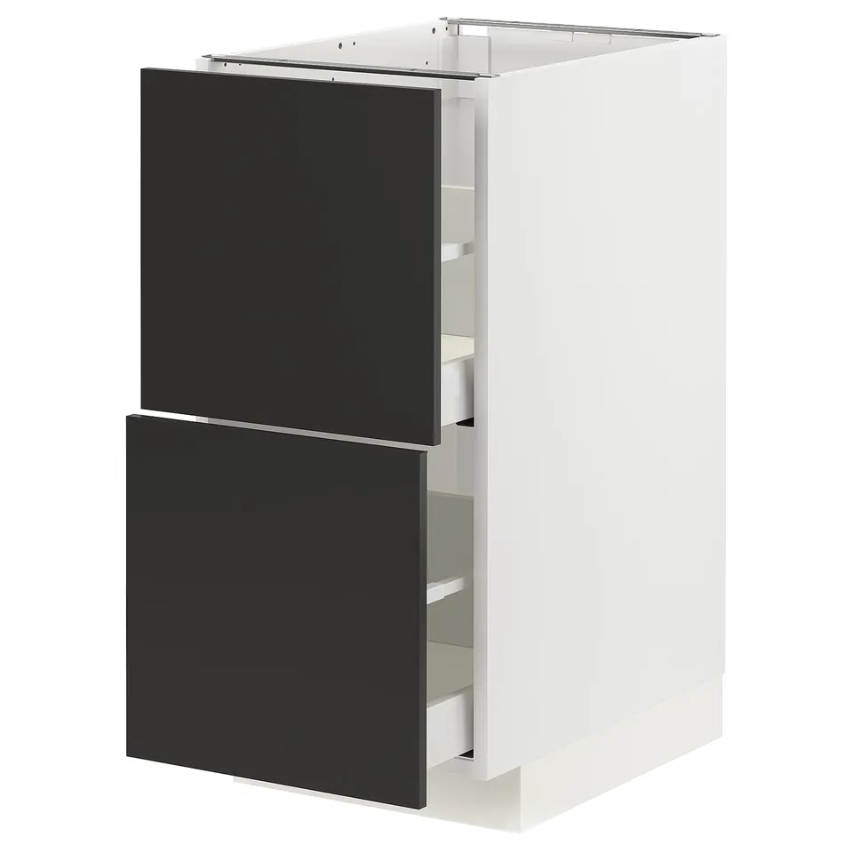 METOD white cabinet with black drawers, modern design.