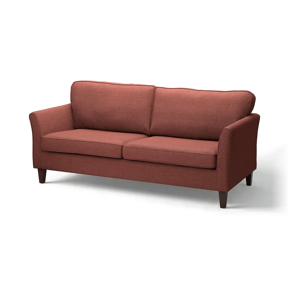Red, modern sofa with tapered legs and straight back, ideal for contemporary living rooms.