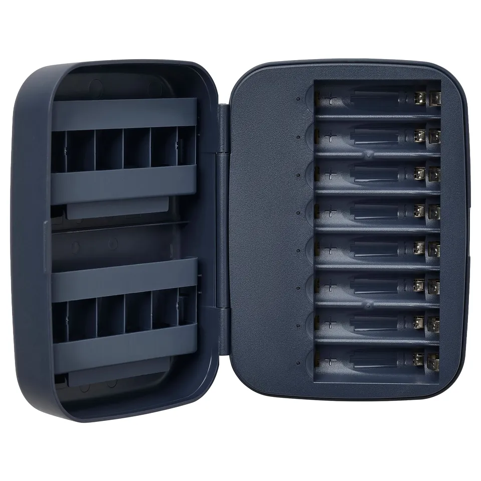 An open grey LITOSFÄR battery charger with slots for 8 rechargeable batteries.