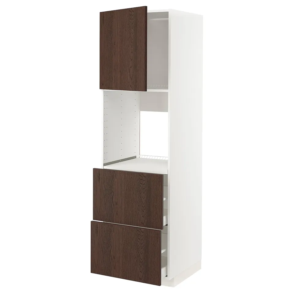 METOD tall white kitchen unit with dark brown drawers and cabinet, oak veneer, adjustable shelf, soft-closing drawers.