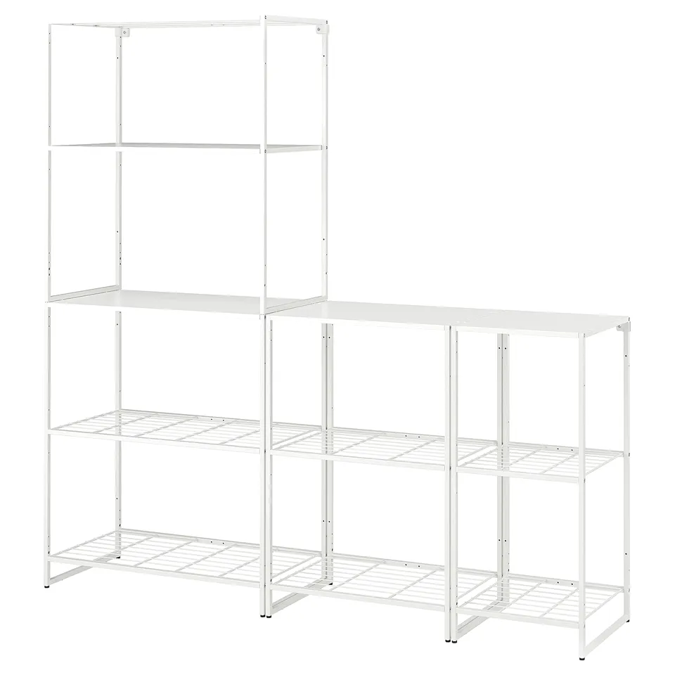 White JOSTEIN metal shelving unit with multiple tiers for storage.