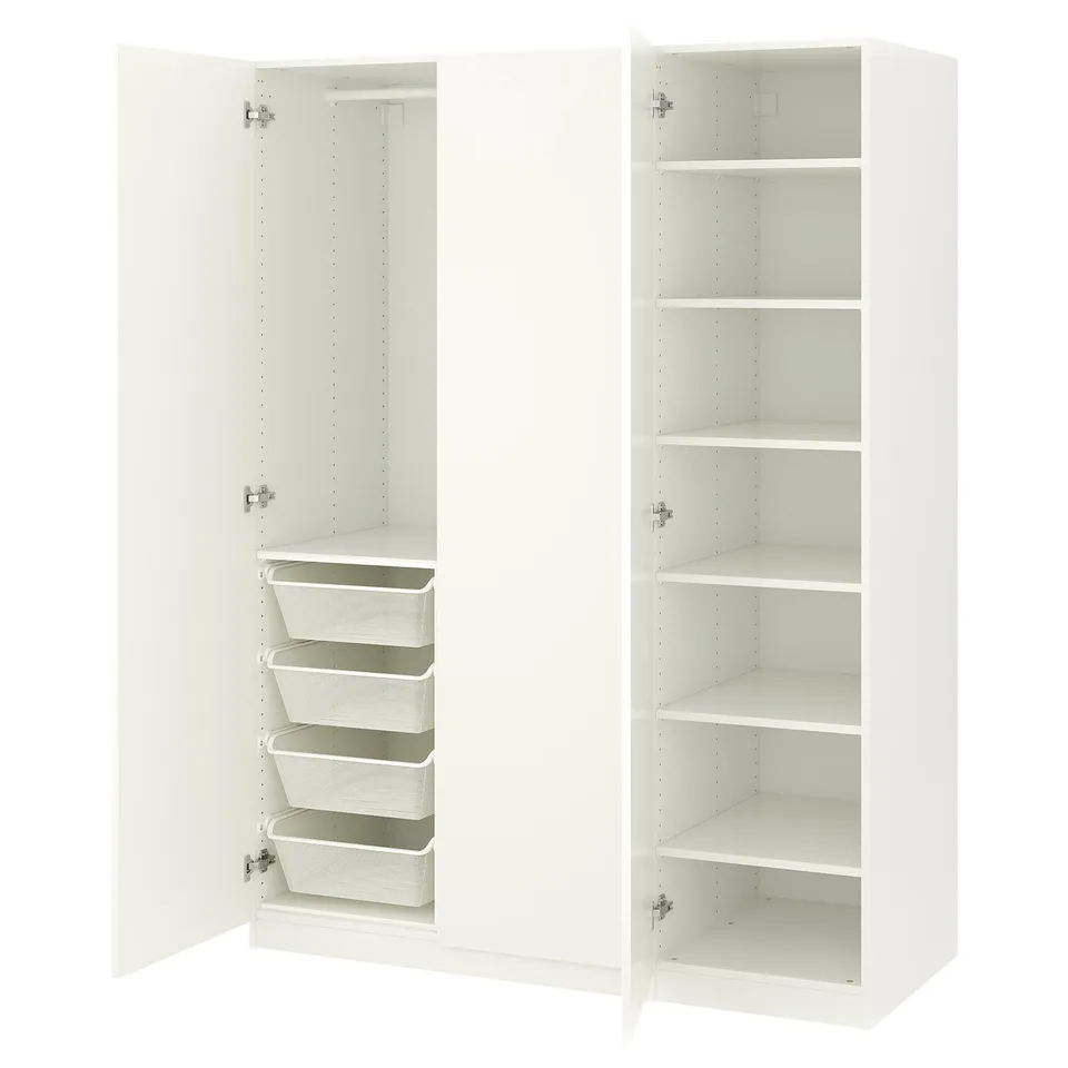 A white PAX wardrobe with one door open, revealing mesh drawers, and another door open with shelves.