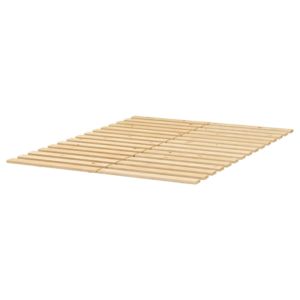 LINDBÅDEN wooden slatted bed base, natural wood.