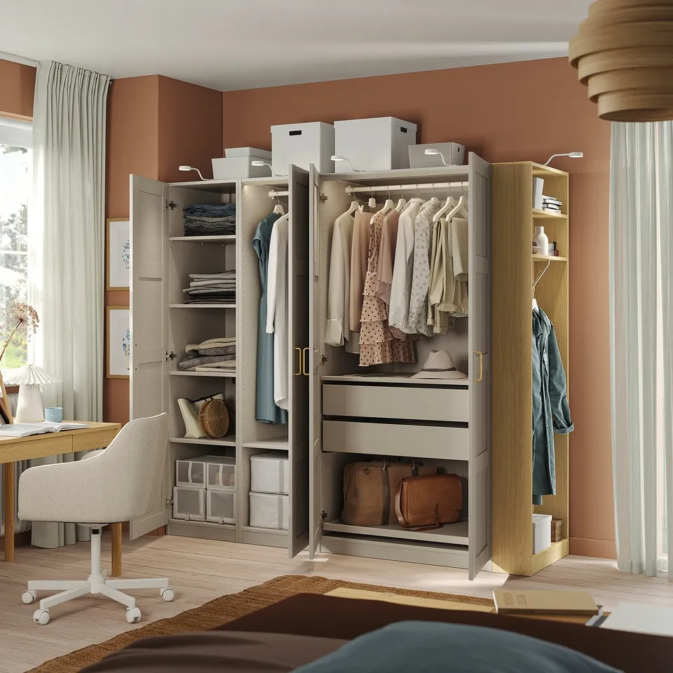 PAX / BERGSBO Wardrobe combination, grey-beige grey-beige/oak effect, 220x60x201 cm