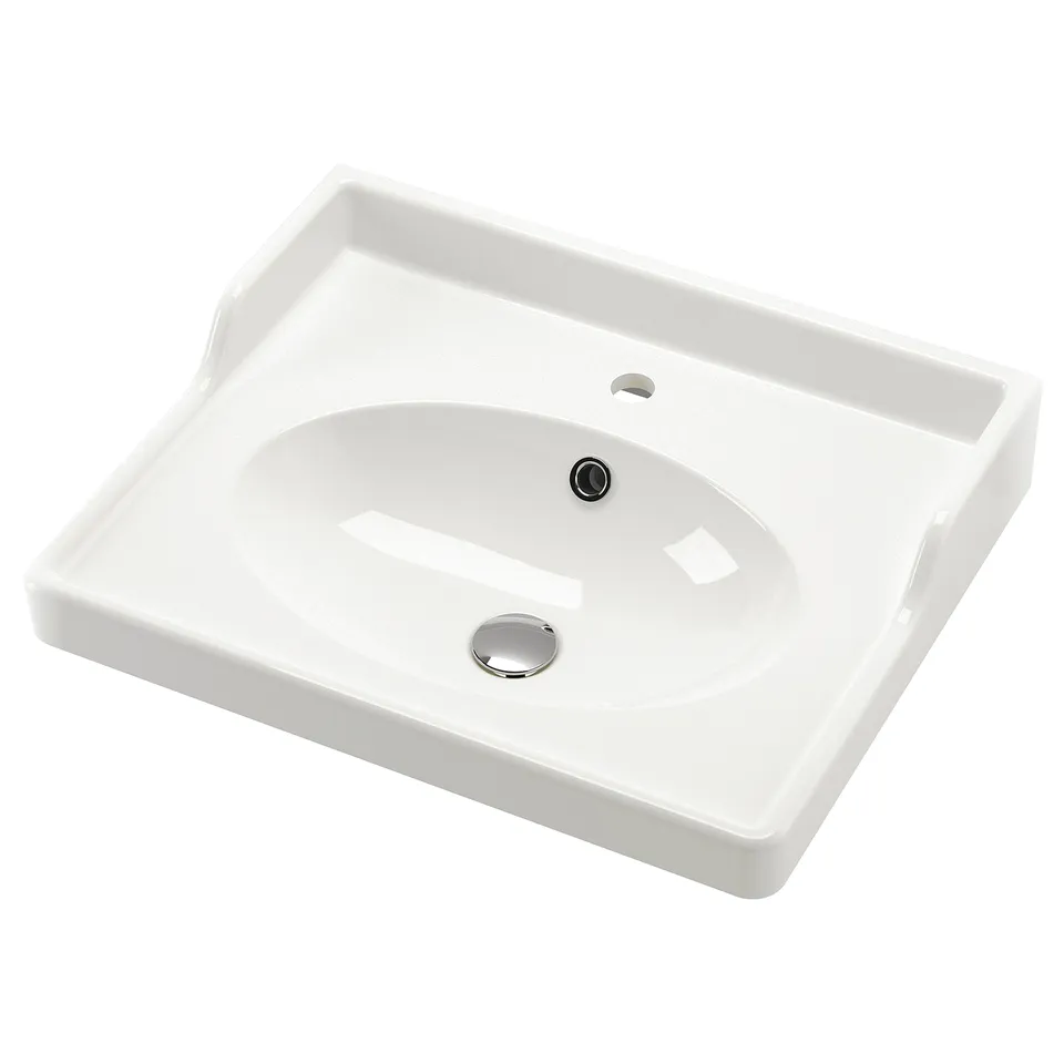 White RUTSJÖN wash-basin, ceramic, oval bowl, raised backsplash, chrome drain.