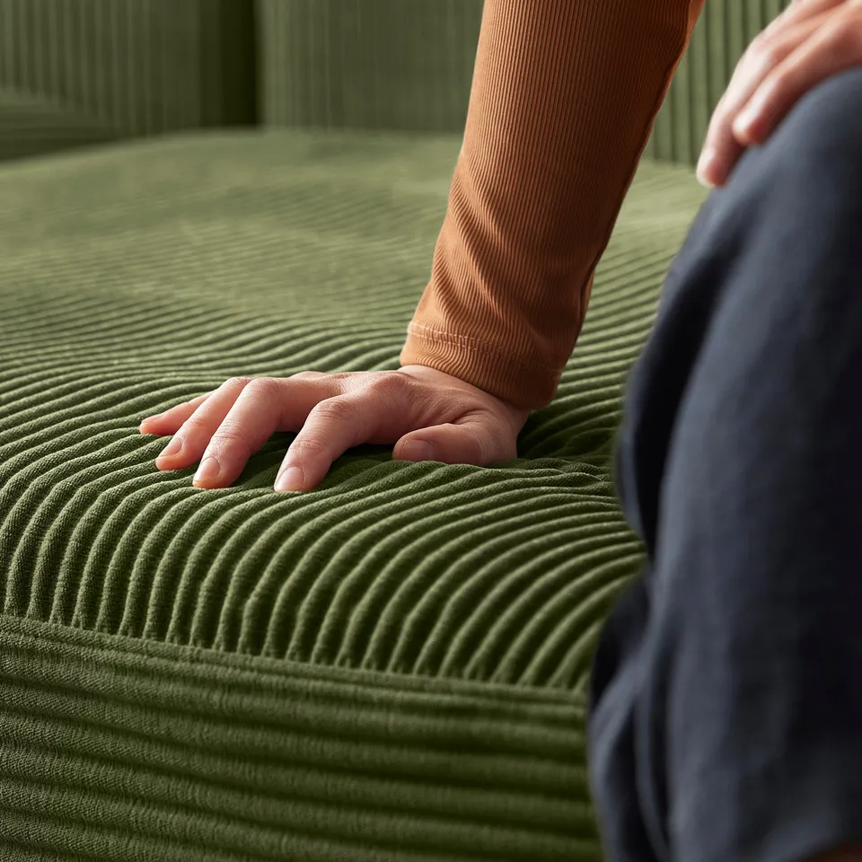 Person touches green, wavy-textured JÄTTEBO sofa. Comfortable, modular design.