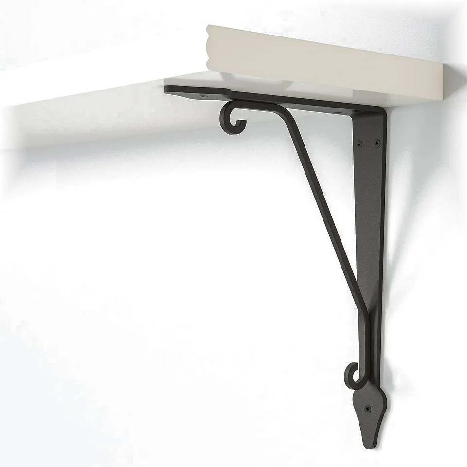 Black metal bracket securely holding white shelf against a clean white wall.