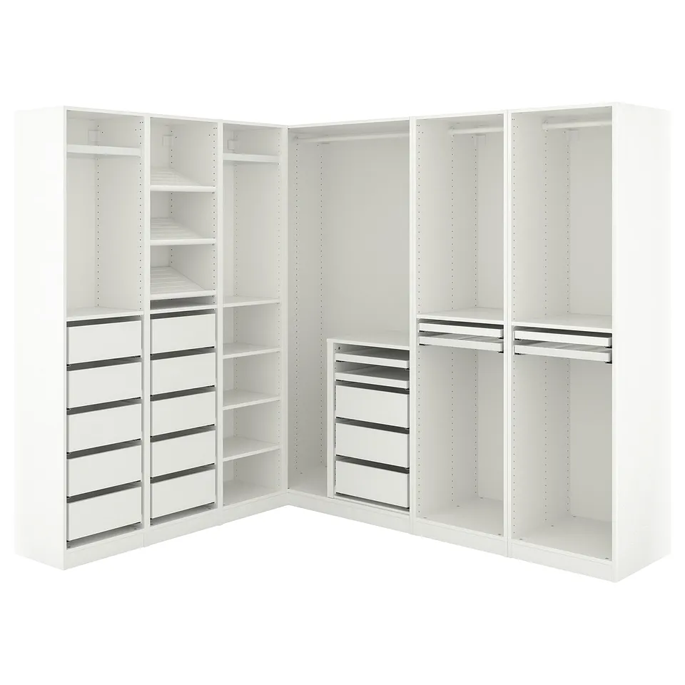 PAX wardrobe: modular, maximise corner space, clean design.