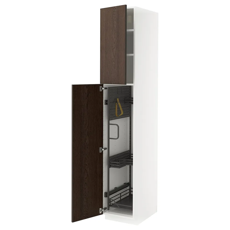 METOD kitchen cabinet with dark brown sinarp wooden doors and pull-out organisers.