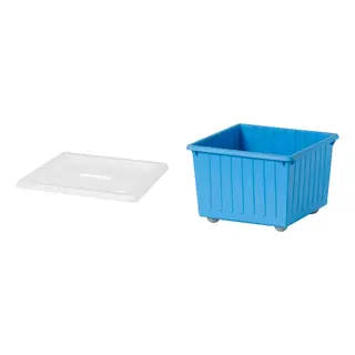 VESSLA set: storage crate with castors + lid, blue + white, Length 39 x Width 39 x Height 28 cm