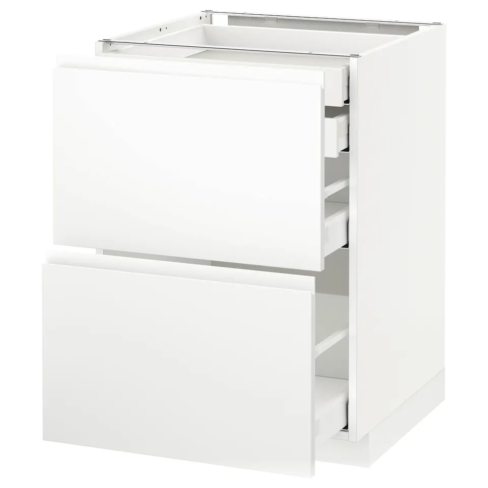 White kitchen cabinet with drawers, minimalist design.