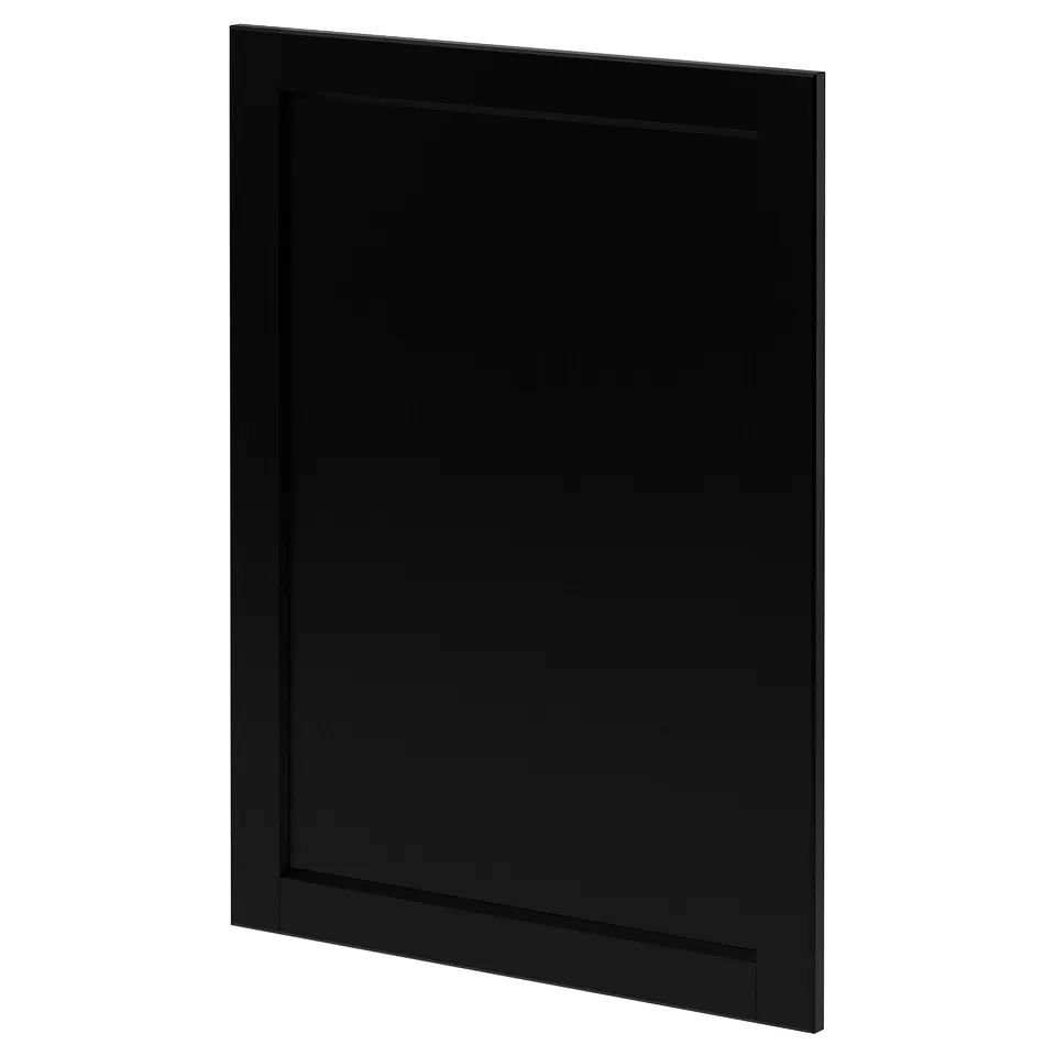 Black kitchen cabinet door with bevelled edges, rectangular shape, made of stained ash wood.