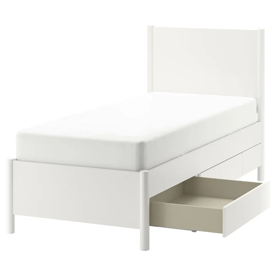 TONSTAD off-white bed, sleek modern design, 2 storage drawers, sturdy wood structure.