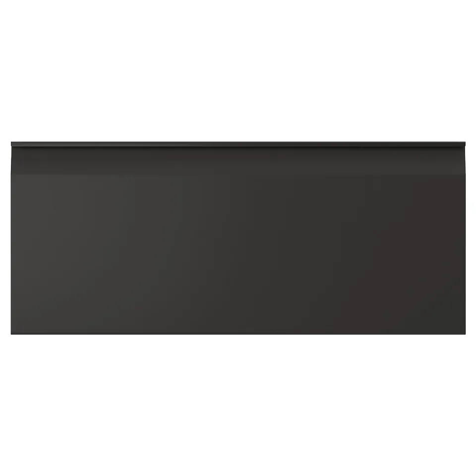 Black rectangular furniture with sleek design and hidden handles.