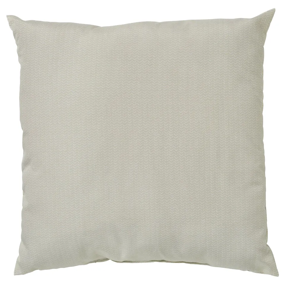 A PROFETBLOMMA cushion. It is light beige with a subtle pattern, square-shaped, and made from recycled polyester.