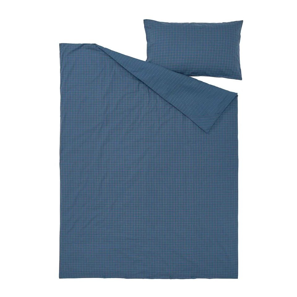 DOFTAKLEJA duvet cover set, dark blue, cotton, rectangular, stitched check pattern.